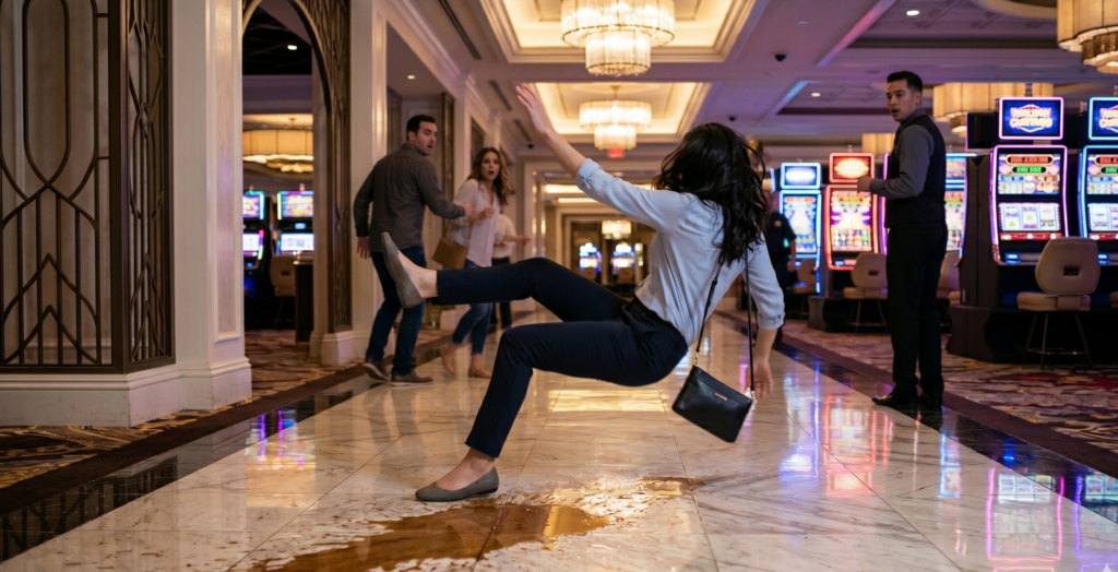 Motion blur shot of a slip and fall accident on a slick luxury hotel floor with no warning signs, highlighting a Las Vegas injury claim scenario. Motion blur shot of a slip and fall accident on a slick luxury hotel floor with no warning signs, highlighting a Las Vegas injury claim scenario.