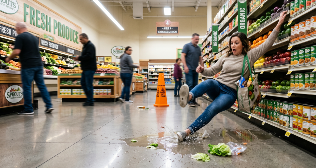 An injured woman slipping on a wet grocery store floor in North Las Vegas, illustrating a slip and fall claim.