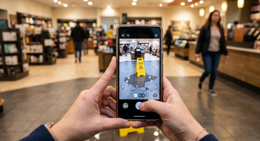 Documenting a wet floor hazard inside a business using a smartphone camera after a slip and fall incident, showing the hazard and warning sign.