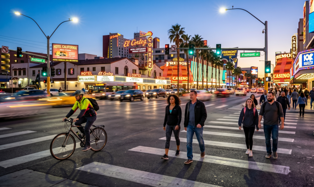 People and a bicyclist using a city crossalk at night in Nevada, illustrating pedestrian right-of-way rules and fault allocation