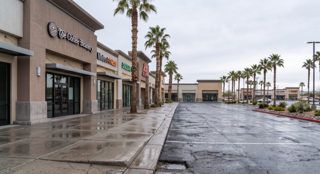 Wet, cracked parking lot with pothole outside a Las Vegas strip mall — a hazard example for what is a step and fall accident.