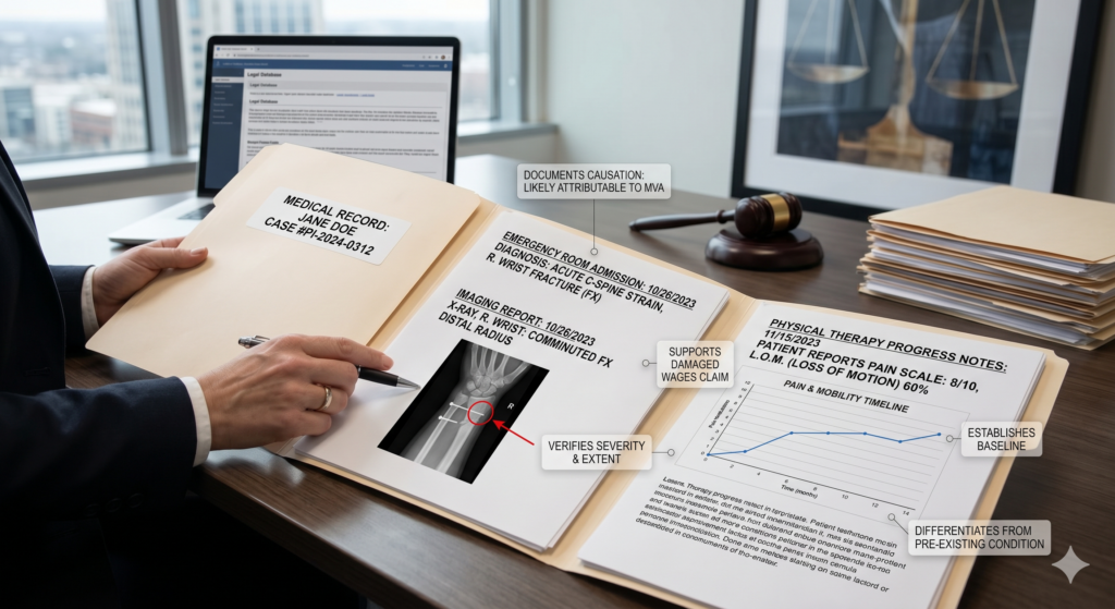 A photo showing medical records and X-rays being analyzed by an attorney in a legal office as evidence for an injury claim.