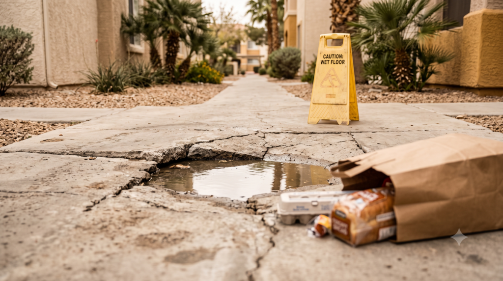 Sunrise Manor slip and fall hazard: cracked pavement, water pooling, and dropped groceries