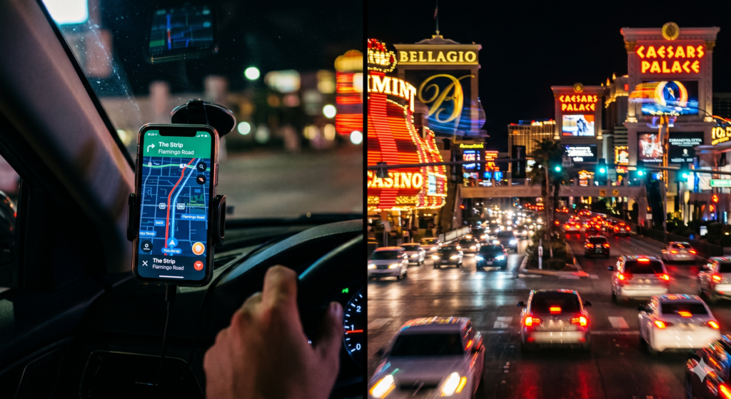 Fatigued truck driver behind the wheel of a commercial semi-truck. He is actively rubbing his face to stay awake. The image highlights cognitive impairment.showing a mounted GPS displaying a map and neon casino lights blurred through the windshield.
