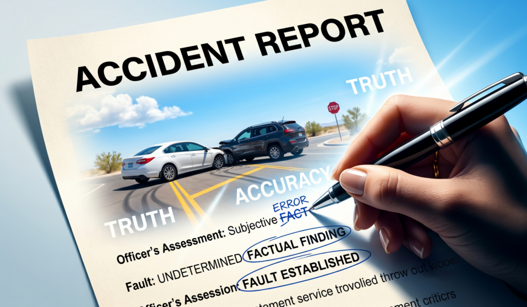 Hand correcting a car accident police report with a pen to establish truth and factual accuracy in Nevada.