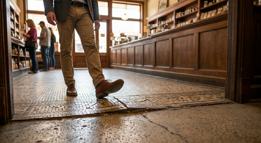 Uneven concrete and cracked tile flooring create a premises liability and slip and fall danger for customers.