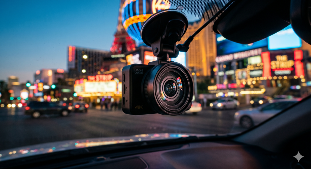 Black dashcam, sharply focused on a windshield, reflects vibrant Las Vegas Strip neon lights at dusk through its lens.