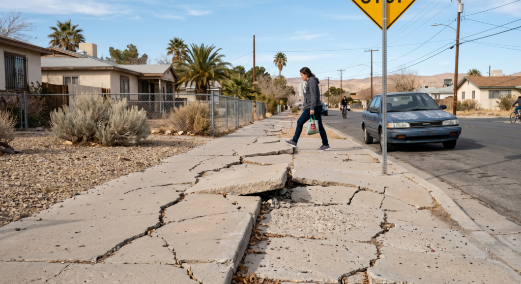 A pedestrian walking on a severely cracked, broken, and uneven public concrete sidewalk in a residential neighborhood, illustrating a dangerous trip and fall hazard on municipal property.