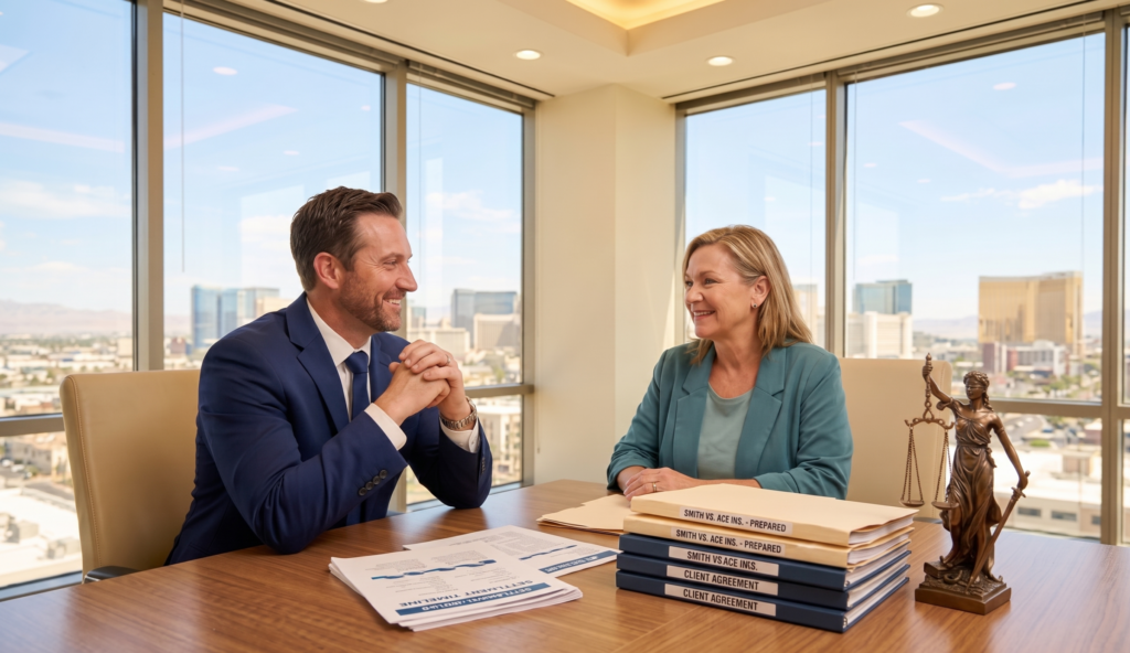 A lawyer and client discussing quick injury settlements in an office overlooking Las Vegas, with case files labeled for a Nevada personal injury claim.