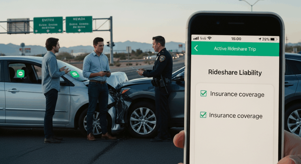 Nevada rideshare accident lawyer case scene after Uber or Lyft crash with police report