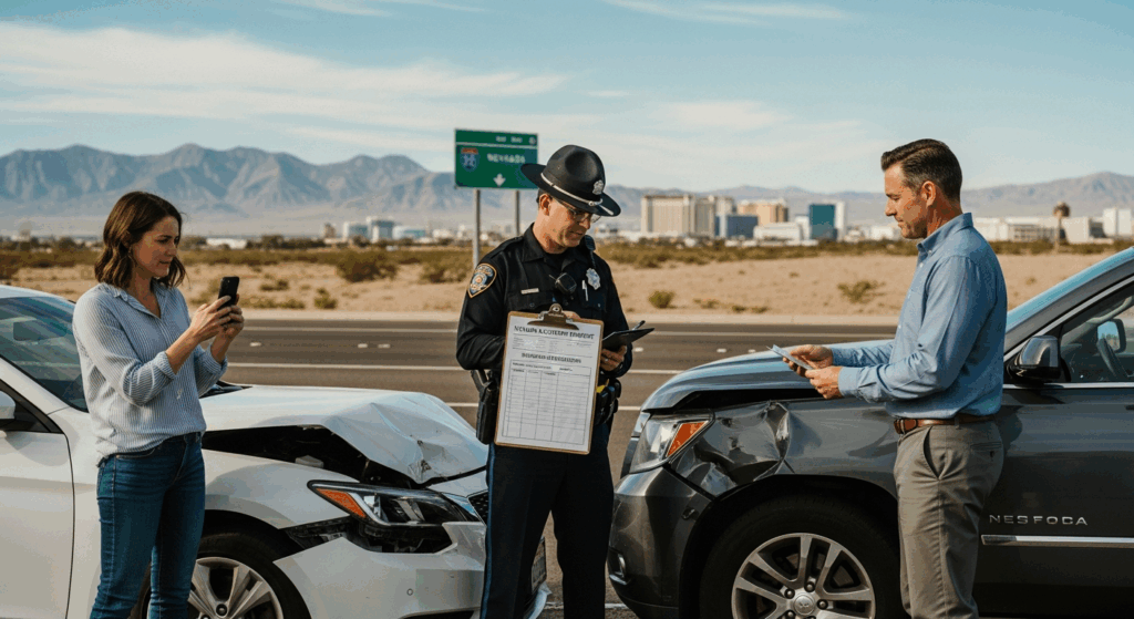 Nevada car accident laws shown through drivers exchanging insurance and police documenting crash