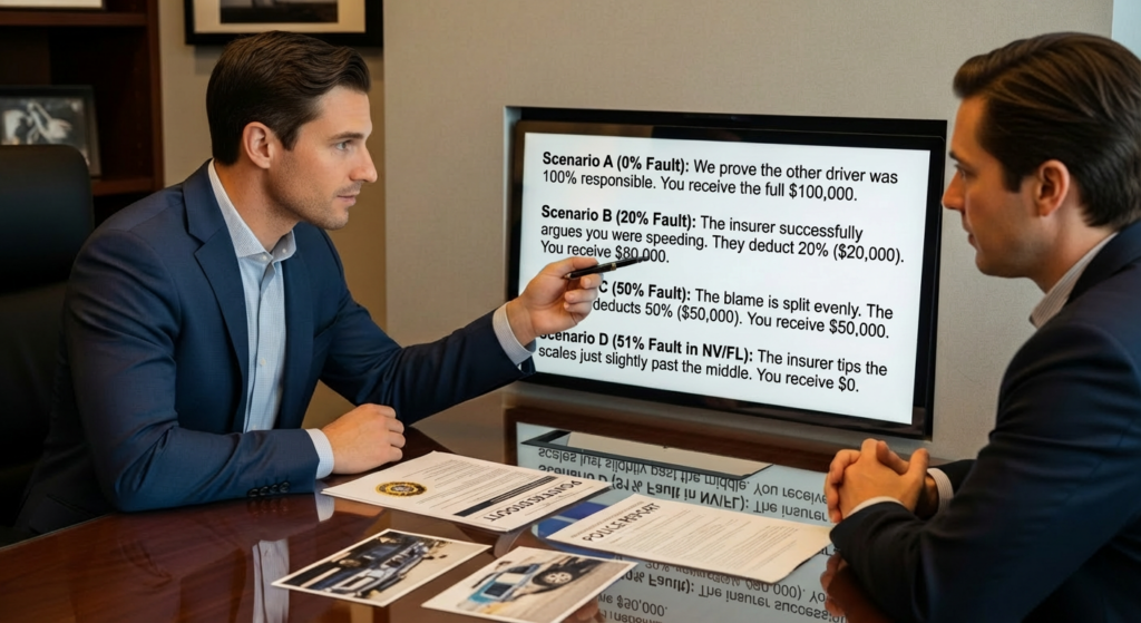 Comparative negligence explained with shared fault chart showing how settlement amounts are reduced.