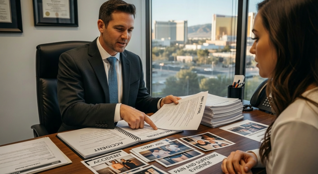 Pain and suffering proof in Nevada injury claim reviewed by attorney with client.
